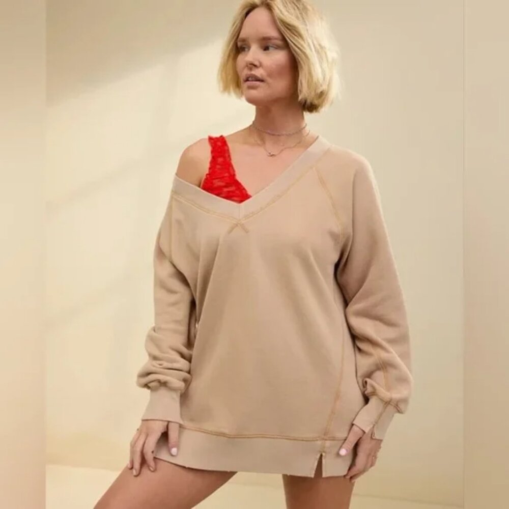 Aerie Textured Oversized V Neck Sweater XXsmall Xxs